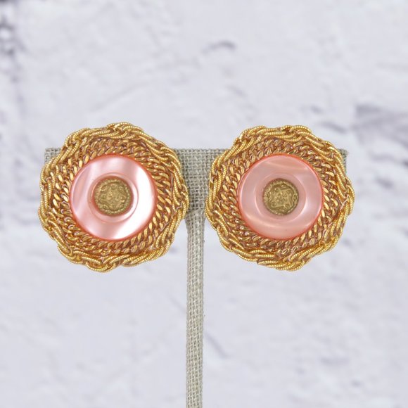 Vintage Patti Horn Pink Pearlescent Disc Earrings… - Picture 1 of 15